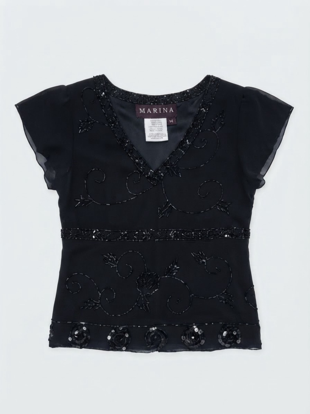 Marina Black Beaded Chiffon Flutter Sleeve Blouse Top (Size M)